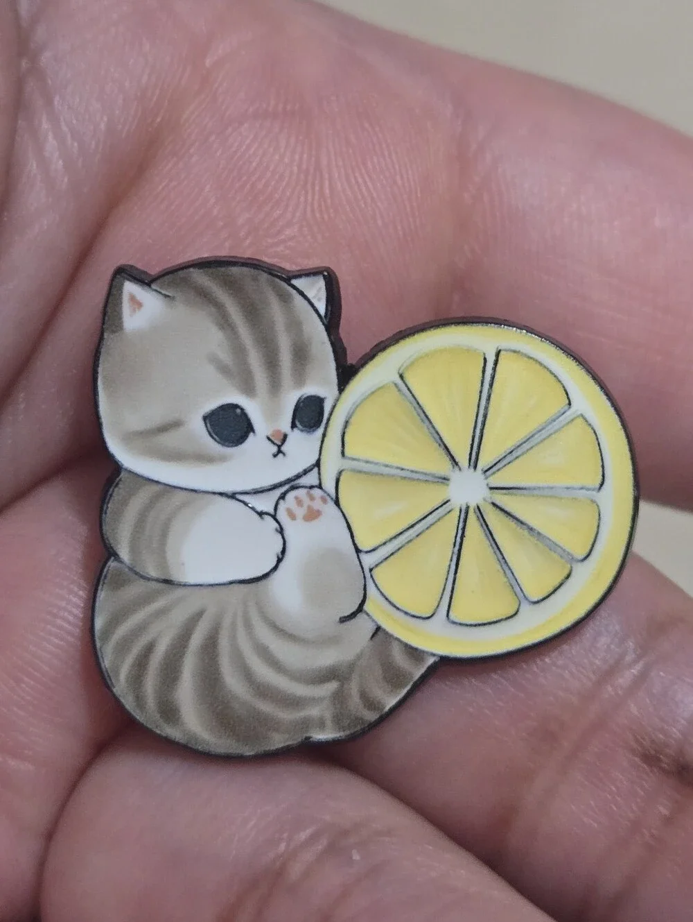 Cute Gray Cat Enamel Pin with Yellow Lemon